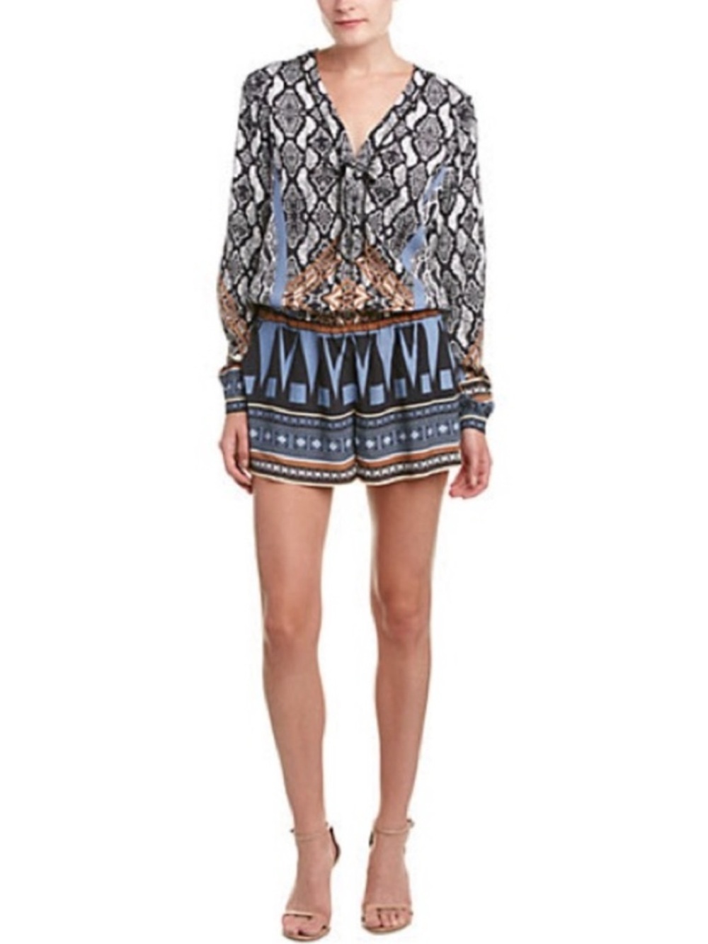 NWOT Hale Bob Black, White & Purple Tribal Printed Romper Zipper Back Tie Front - Picture 2 of 15
